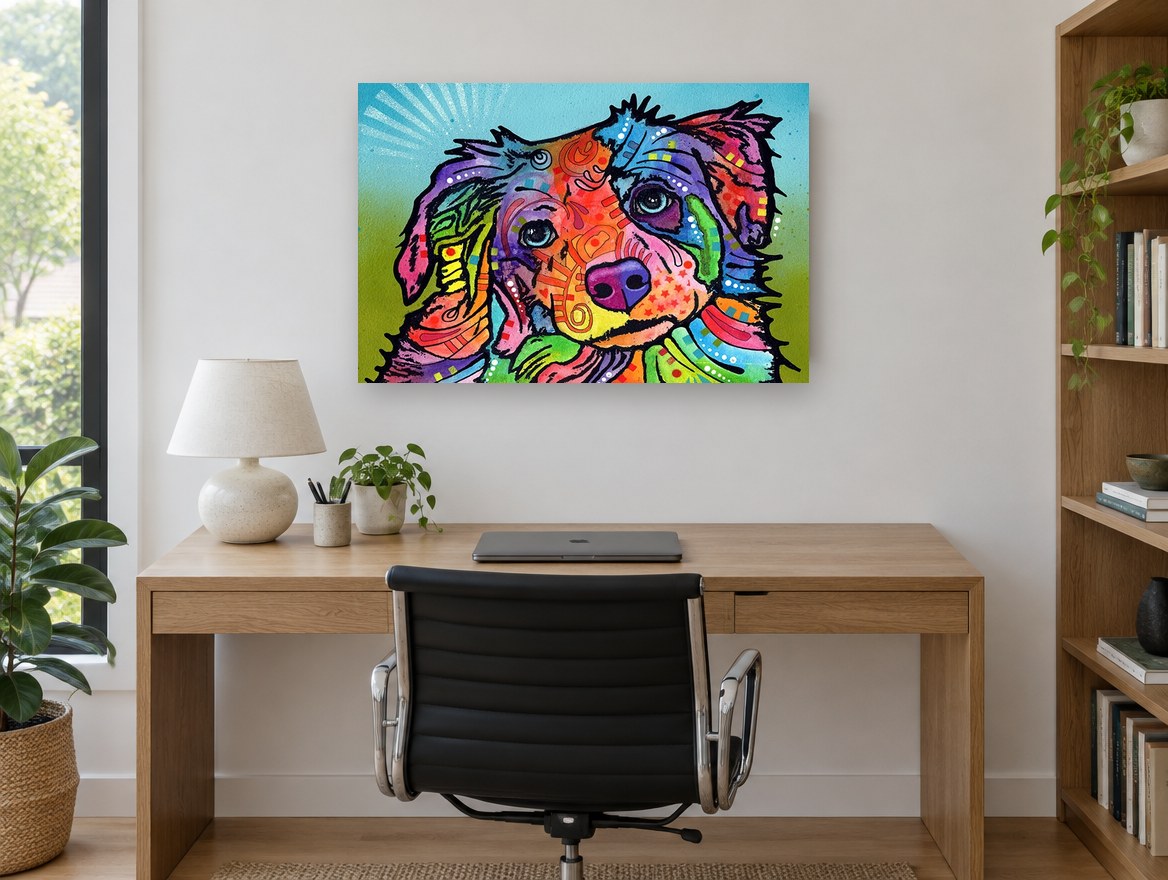 Tilted Head Rainbow Pup animal canvas print on the wall of a study