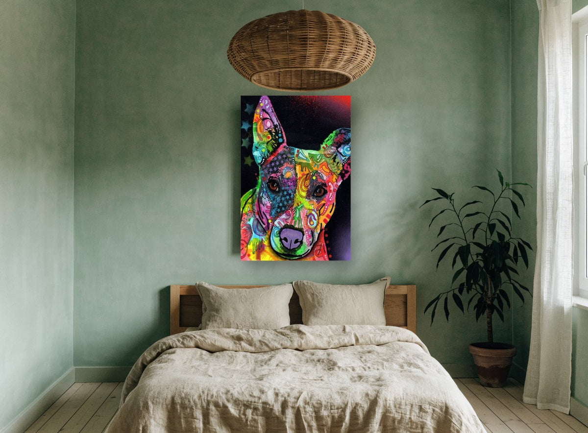 Neon Pop Pup animal canvas print on the wall of a bedroom