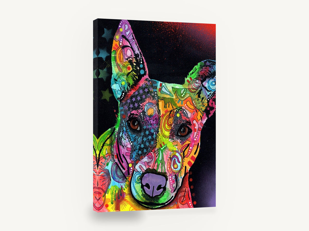 Neon Pop Pup, colourful pop art dog portrait, animal canvas wall art print ready to hang