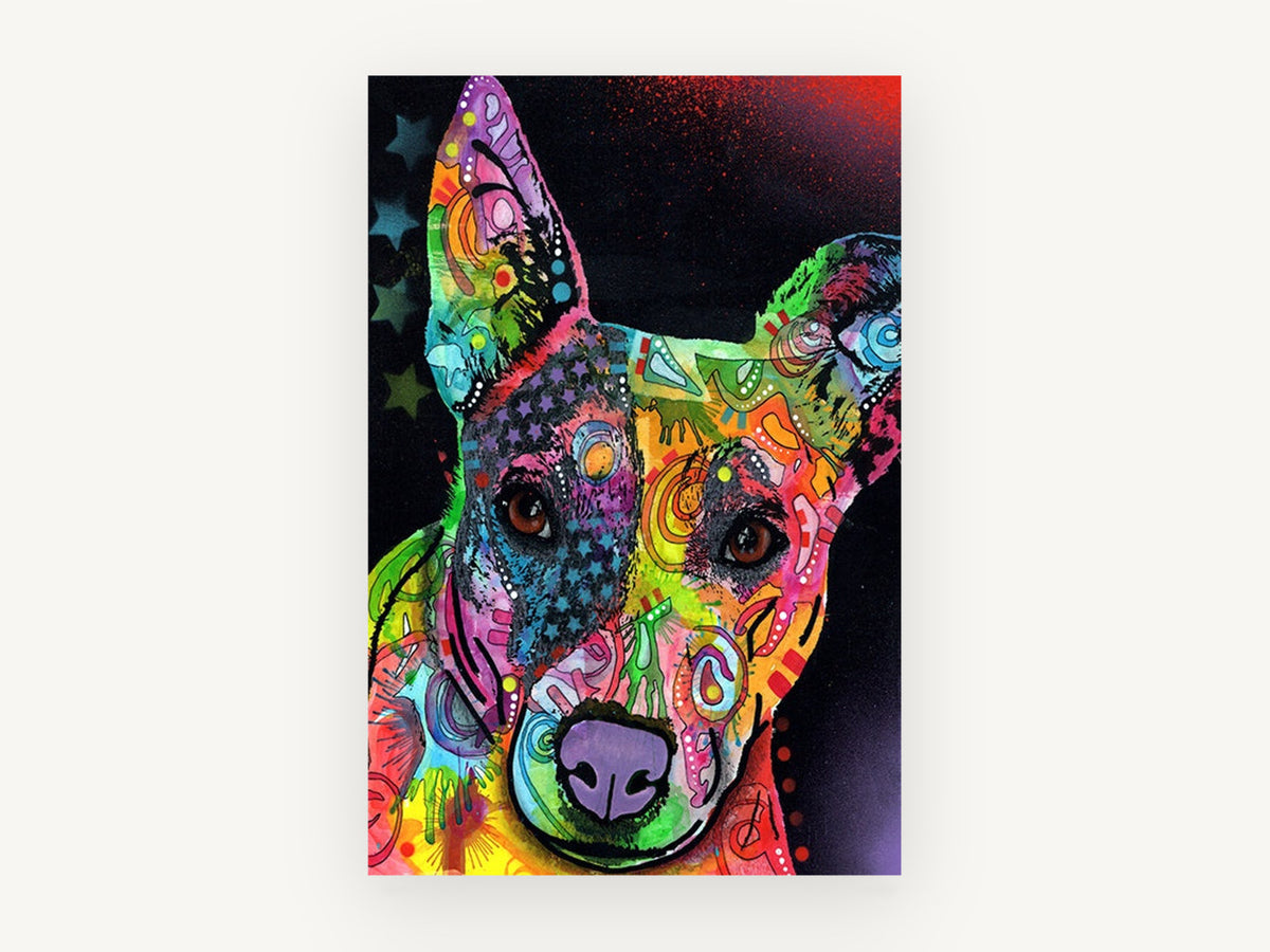 Neon Pop Pup, colourful pop art dog portrait, animal canvas wall art print, front view
