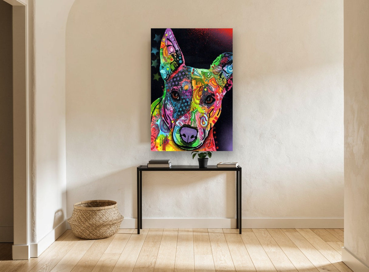 Neon Pop Pup animal canvas print on the wall of a hallway