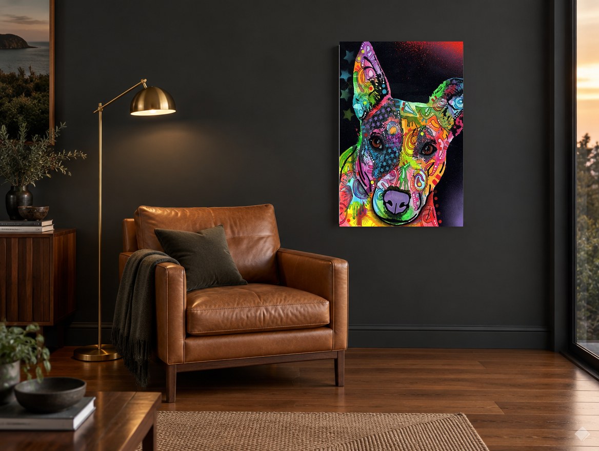 Neon Pop Pup animal canvas print on the wall of a charcoal living room