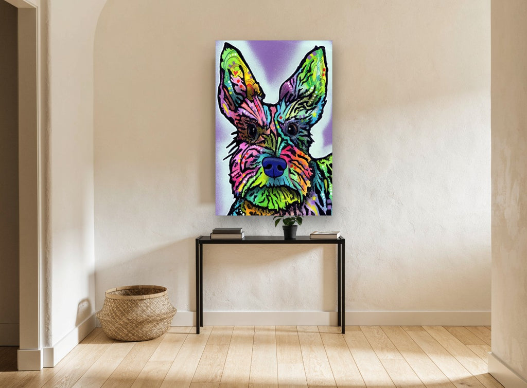 Neon Terrier Portrait animal canvas print on the wall of a hallway