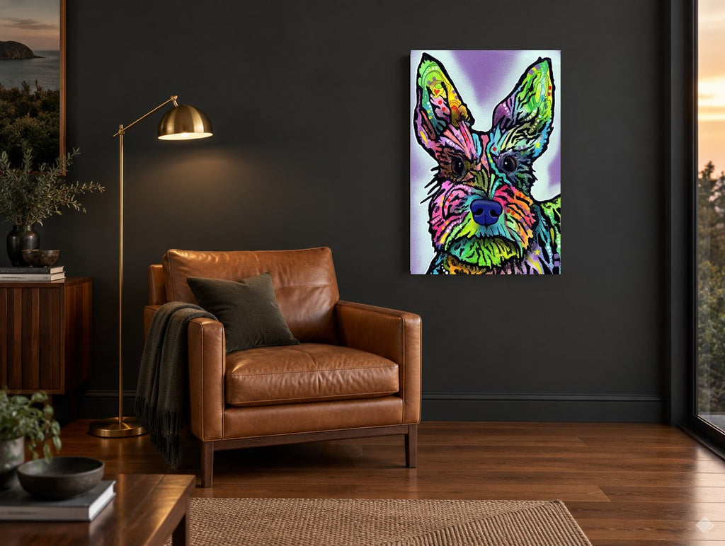 Neon Terrier Portrait animal canvas print on the wall of a charcoal living room