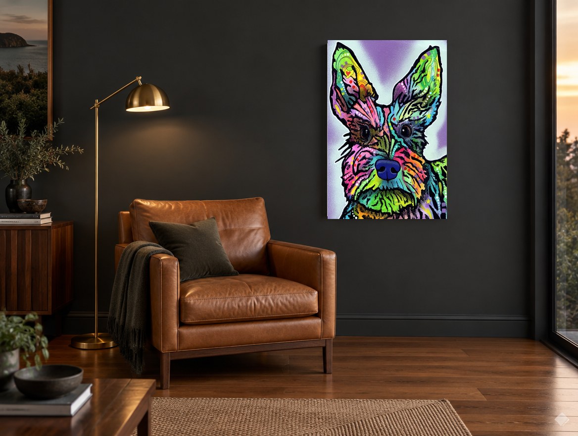 Neon Terrier Portrait animal canvas print on the wall of a charcoal living room