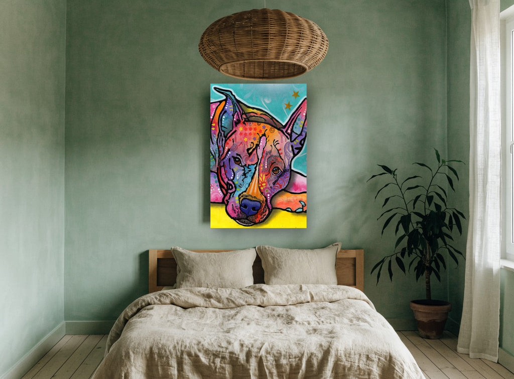 Pop Art Resting Pit Bull animal canvas print on the wall of a bedroom