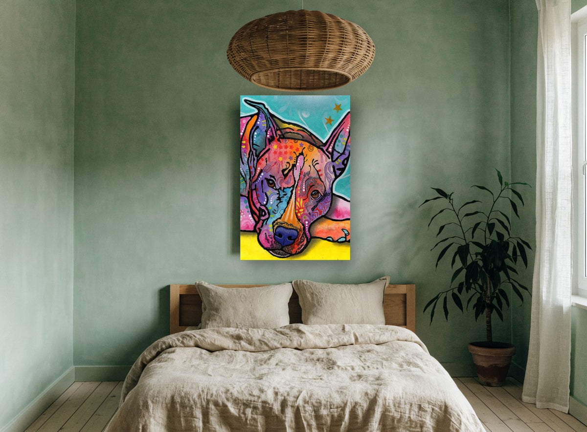 Pop Art Resting Pit Bull animal canvas print on the wall of a bedroom