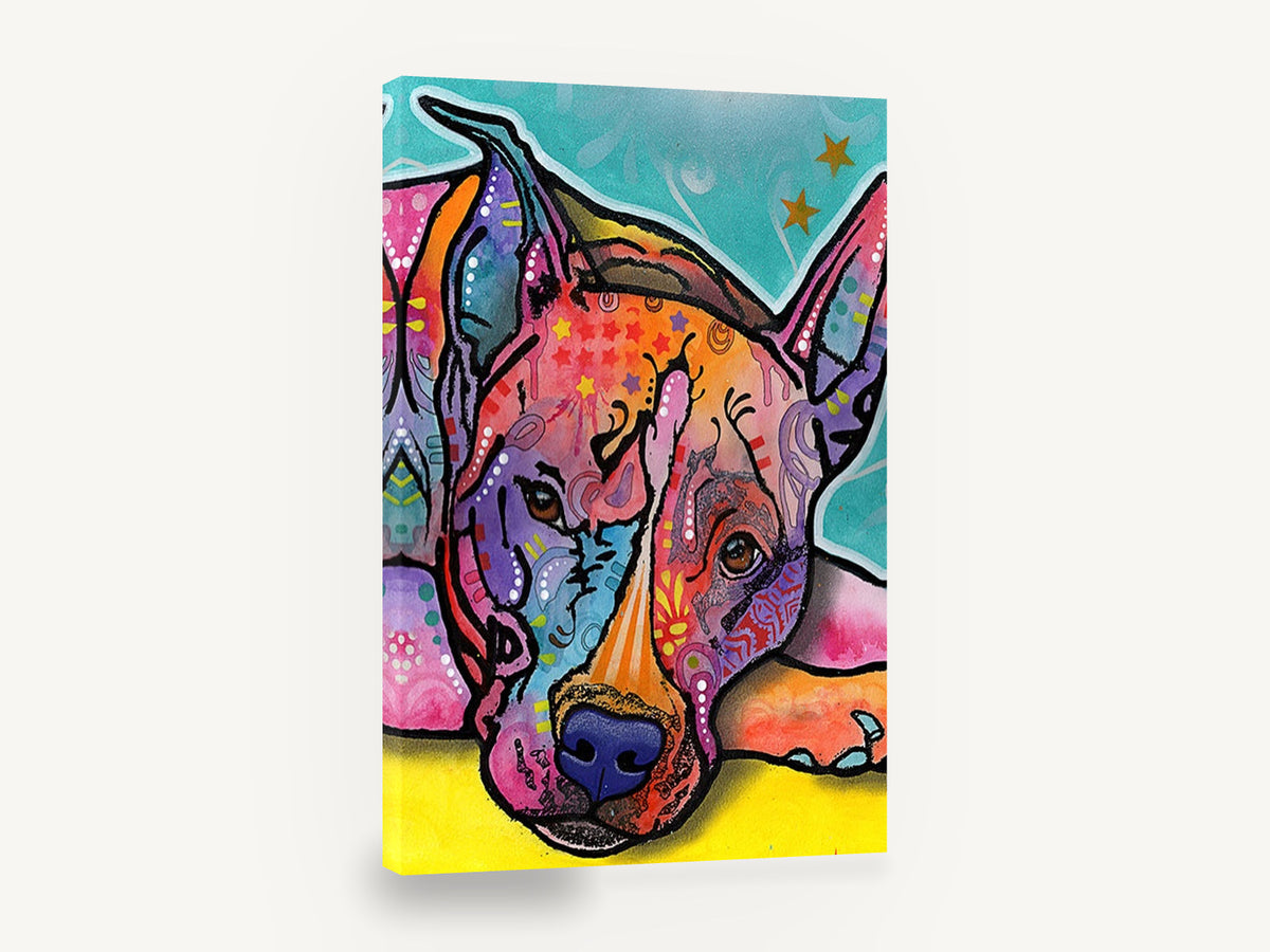 Pop Art Resting Pit Bull, colourful pop art dog portrait, animal canvas wall art print ready to hang