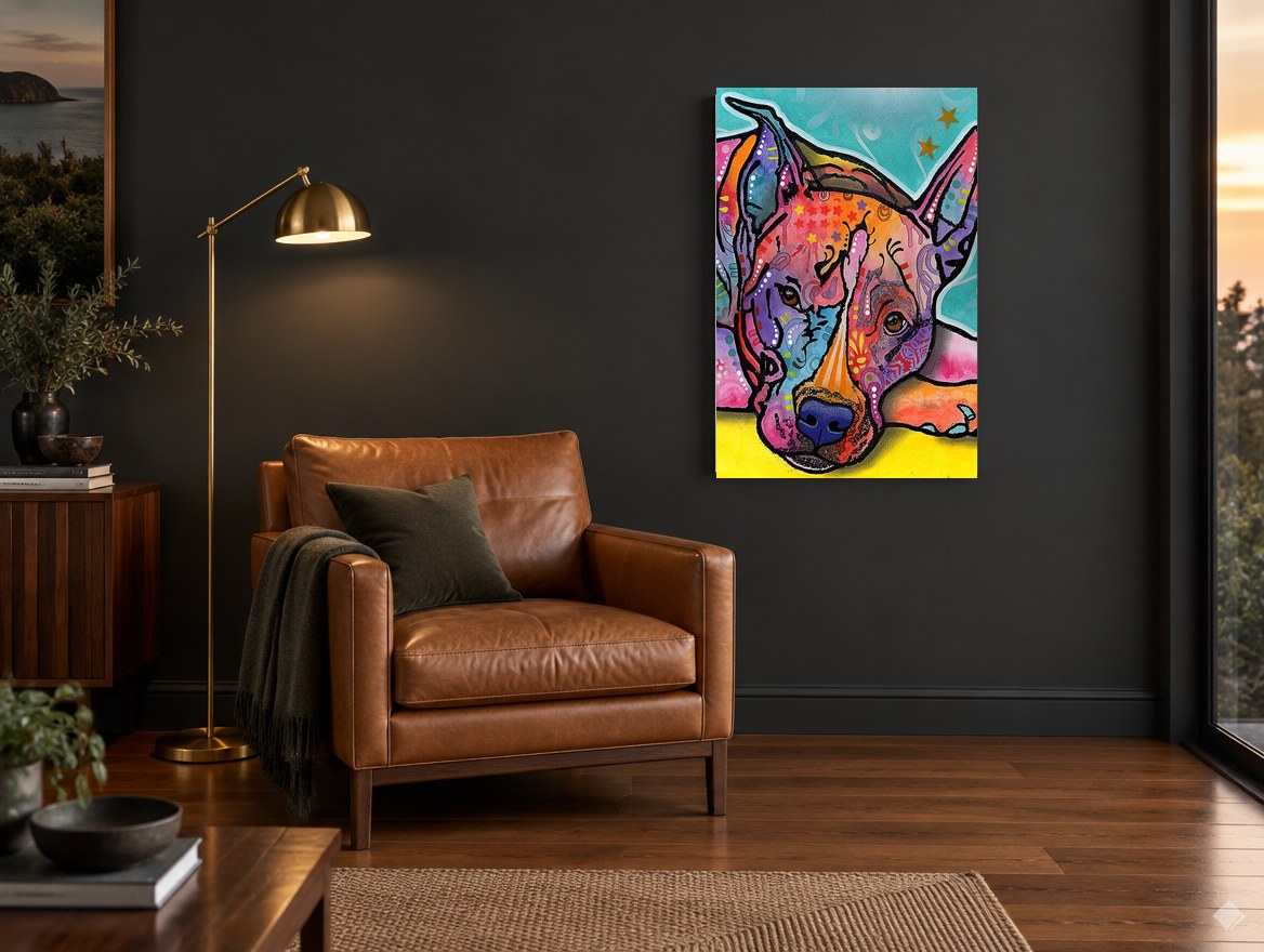 Pop Art Resting Pit Bull animal canvas print on the wall of a charcoal living room