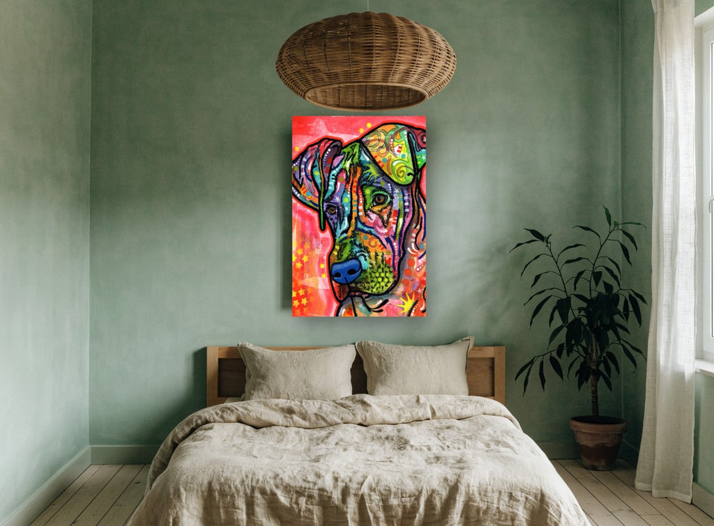 Rainbow Patchwork Hound animal canvas print on the wall of a bedroom