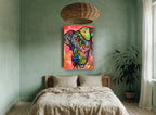 Rainbow Patchwork Hound animal canvas print on the wall of a bedroom