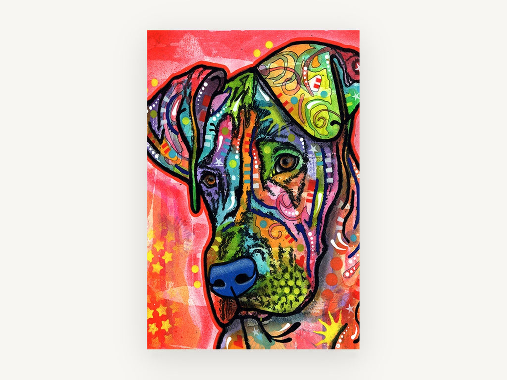 Rainbow Patchwork Hound, colourful pop art dog portrait, animal canvas wall art print, front view