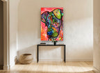 Rainbow Patchwork Hound animal canvas print on the wall of a hallway