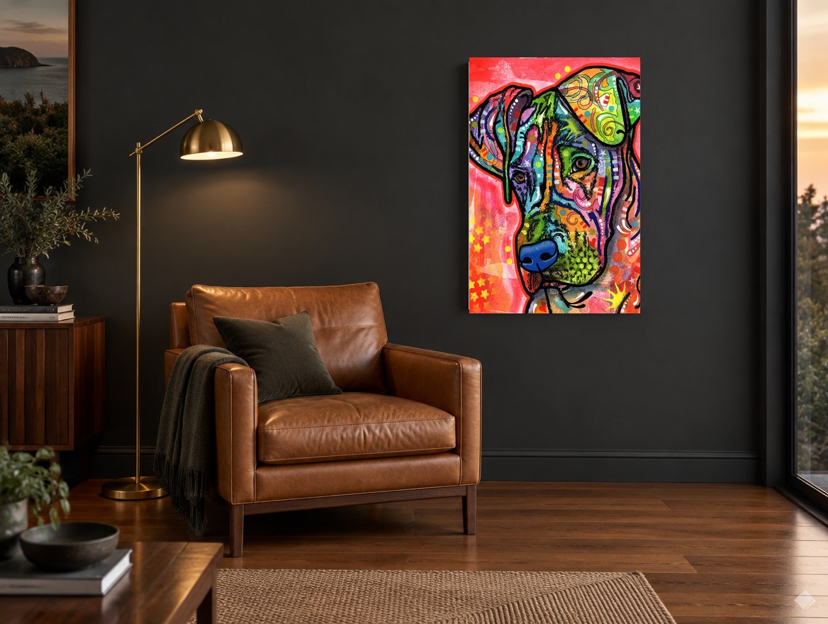 Rainbow Patchwork Hound animal canvas print on the wall of a charcoal living room