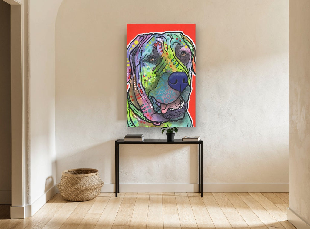 Technicolour Mastiff Portrait animal canvas print on the wall of a hallway