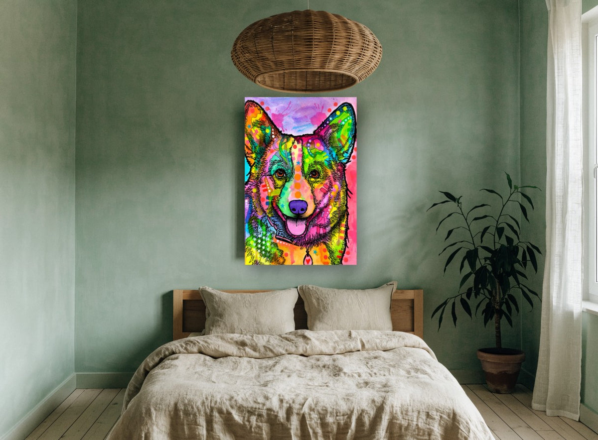 Rainbow Corgi Portrait animal canvas print on the wall of a bedroom