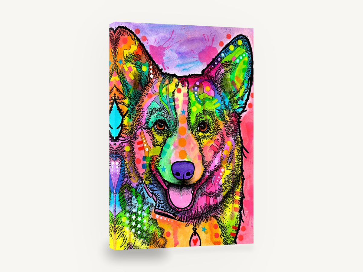 Rainbow Corgi Portrait, colourful pop art corgi portrait, animal canvas wall art print ready to hang