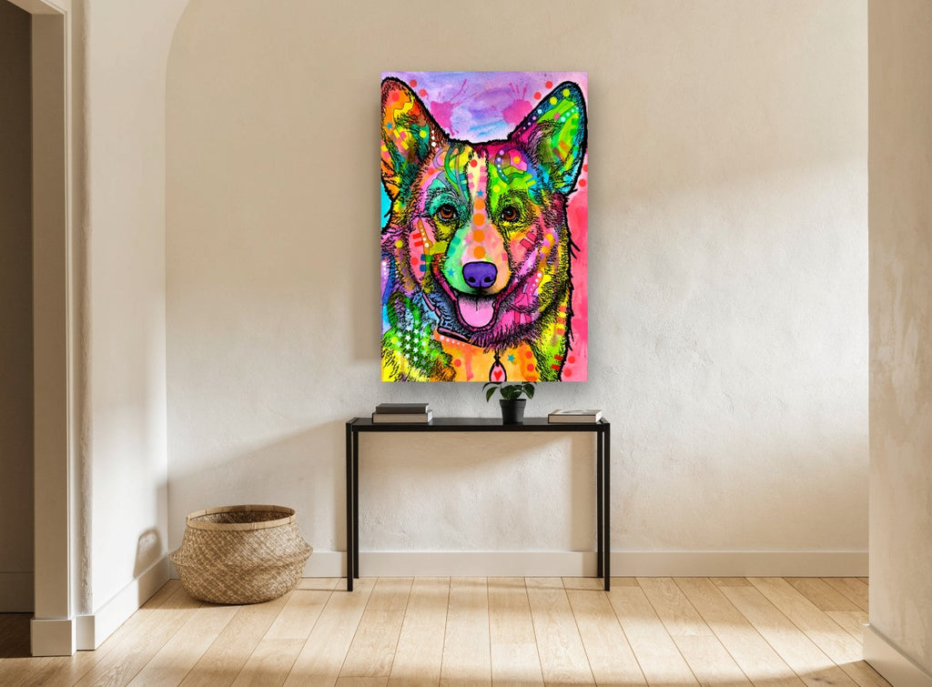 Rainbow Corgi Portrait animal canvas print on the wall of a hallway