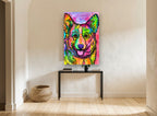 Rainbow Corgi Portrait animal canvas print on the wall of a hallway