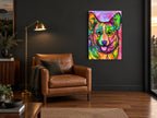 Rainbow Corgi Portrait animal canvas print on the wall of a charcoal living room