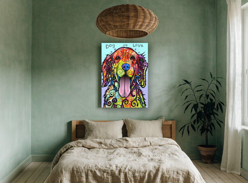 Rainbow Retriever Love animal canvas print on the wall of a bedroom