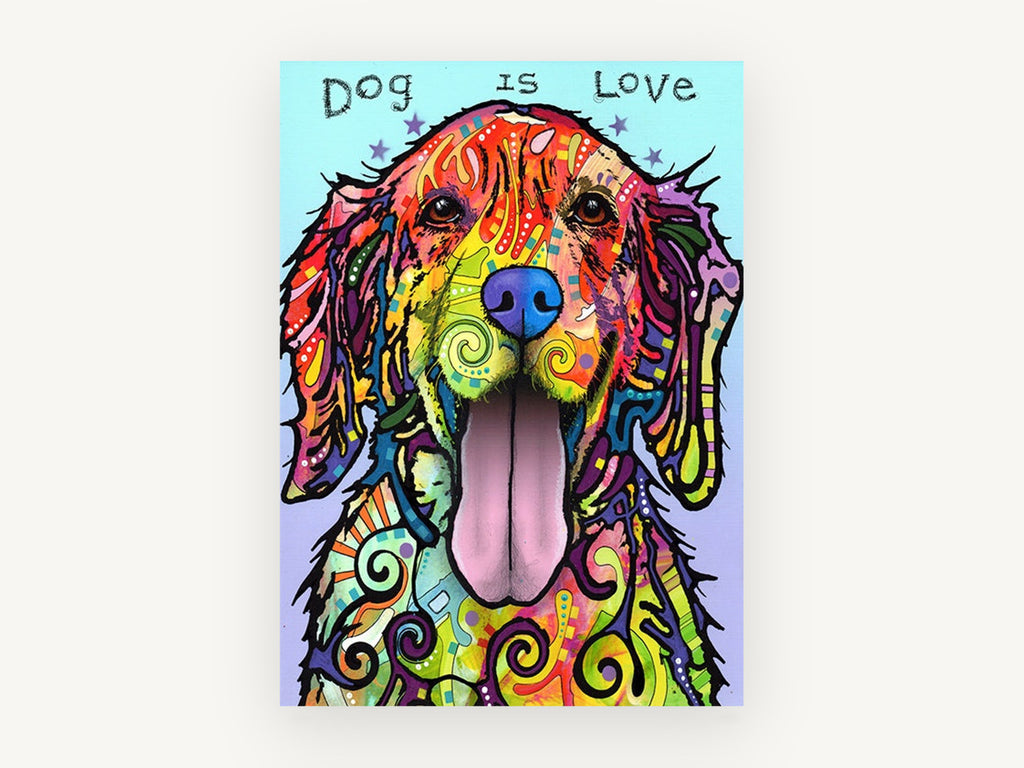 Rainbow Retriever Love, colourful pop art retriever illustration, animal canvas wall art print, front view
