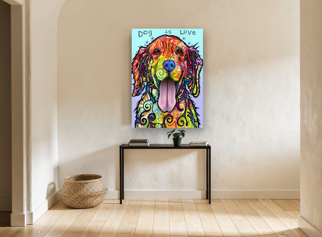 Rainbow Retriever Love animal canvas print on the wall of a hallway