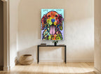 Rainbow Retriever Love animal canvas print on the wall of a hallway