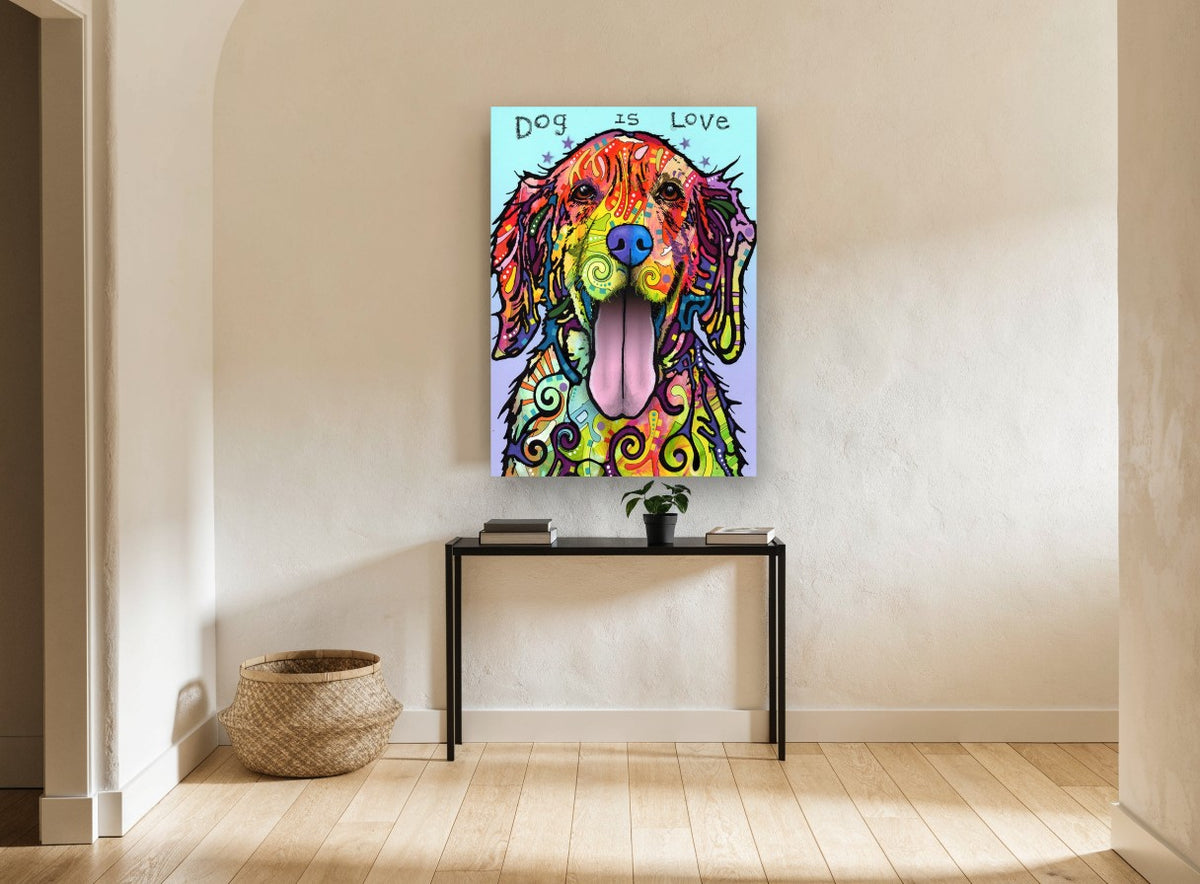 Rainbow Retriever Love animal canvas print on the wall of a hallway