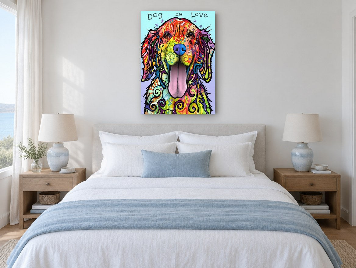 Rainbow Retriever Love animal canvas print on the wall of a bedroom