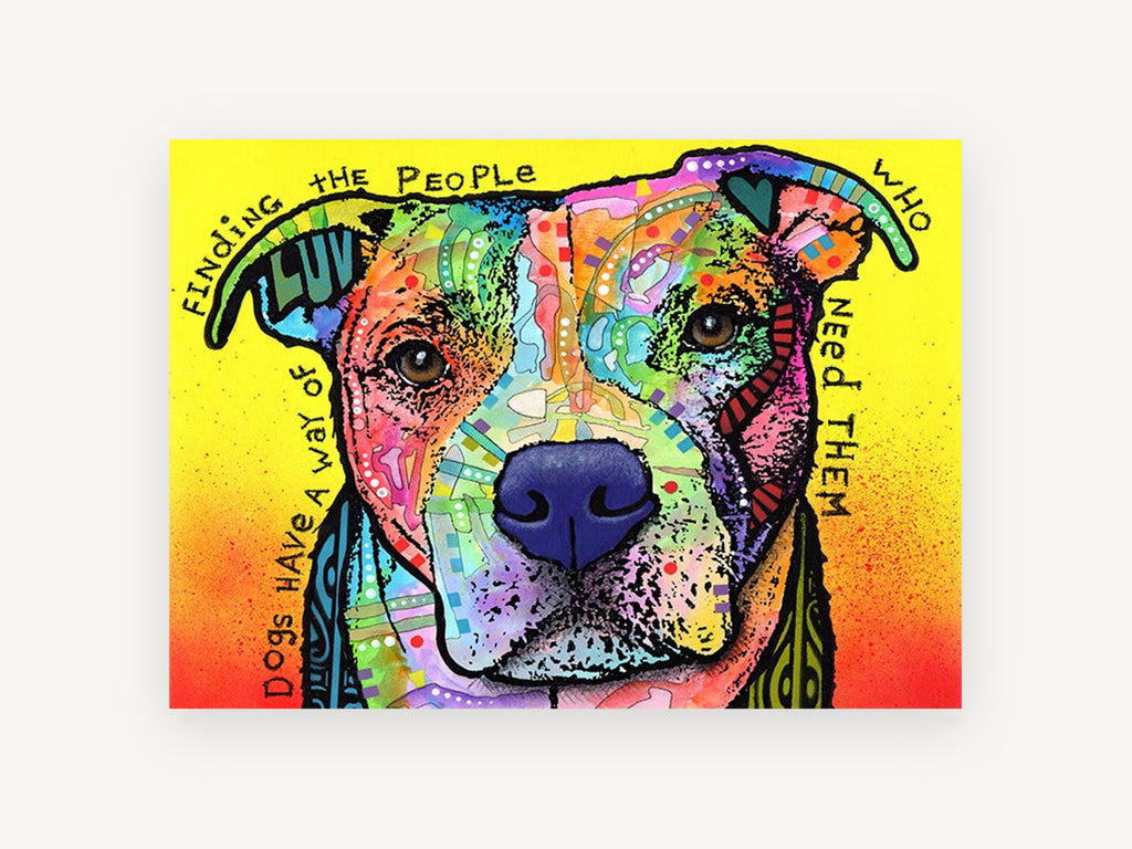 Dogs Find Their People, colourful pit bull pop art portrait, animal canvas wall art print, front view