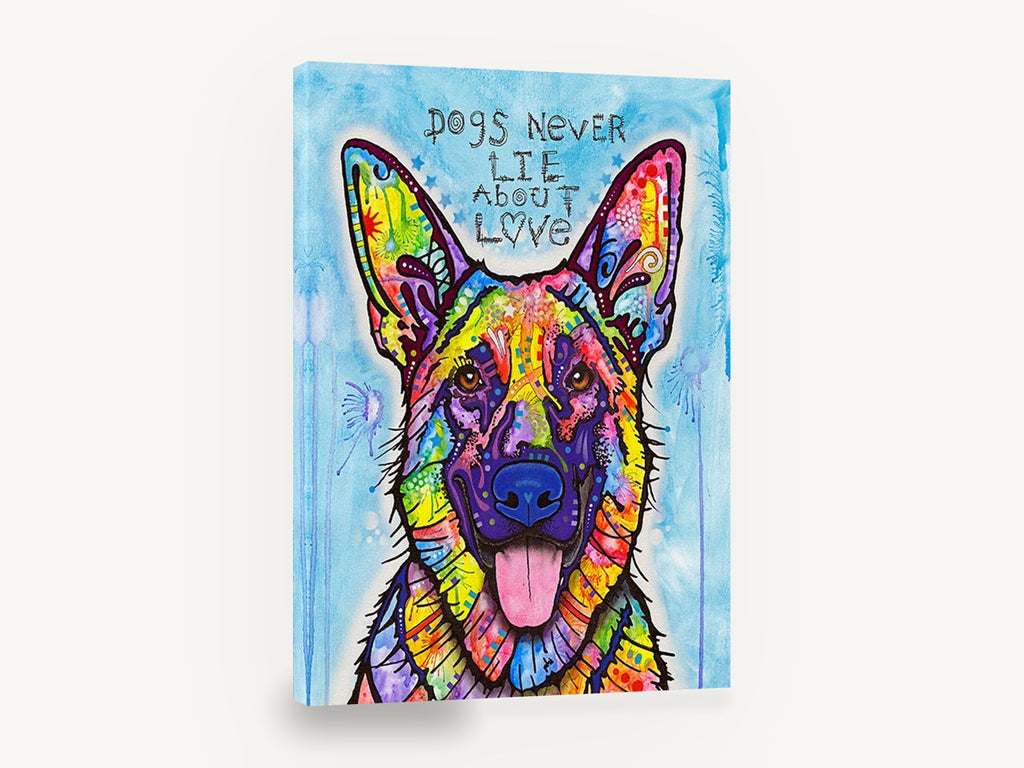 Rainbow Shepherd Love, colourful german shepherd pop art, animal canvas wall art print ready to hang