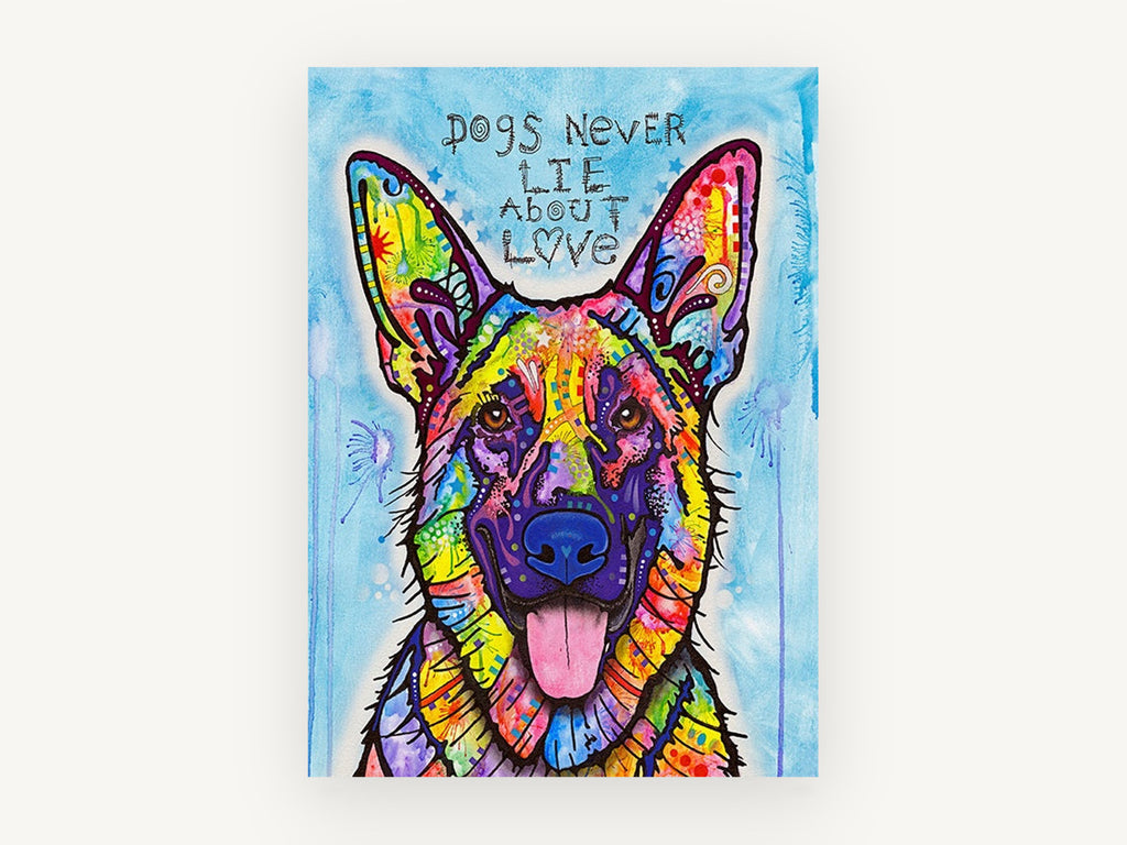 Rainbow Shepherd Love, colourful german shepherd pop art, animal canvas wall art print, front view