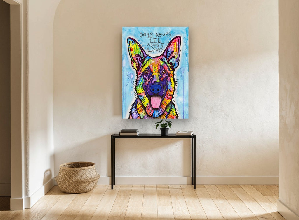 Rainbow Shepherd Love animal canvas print on the wall of a hallway