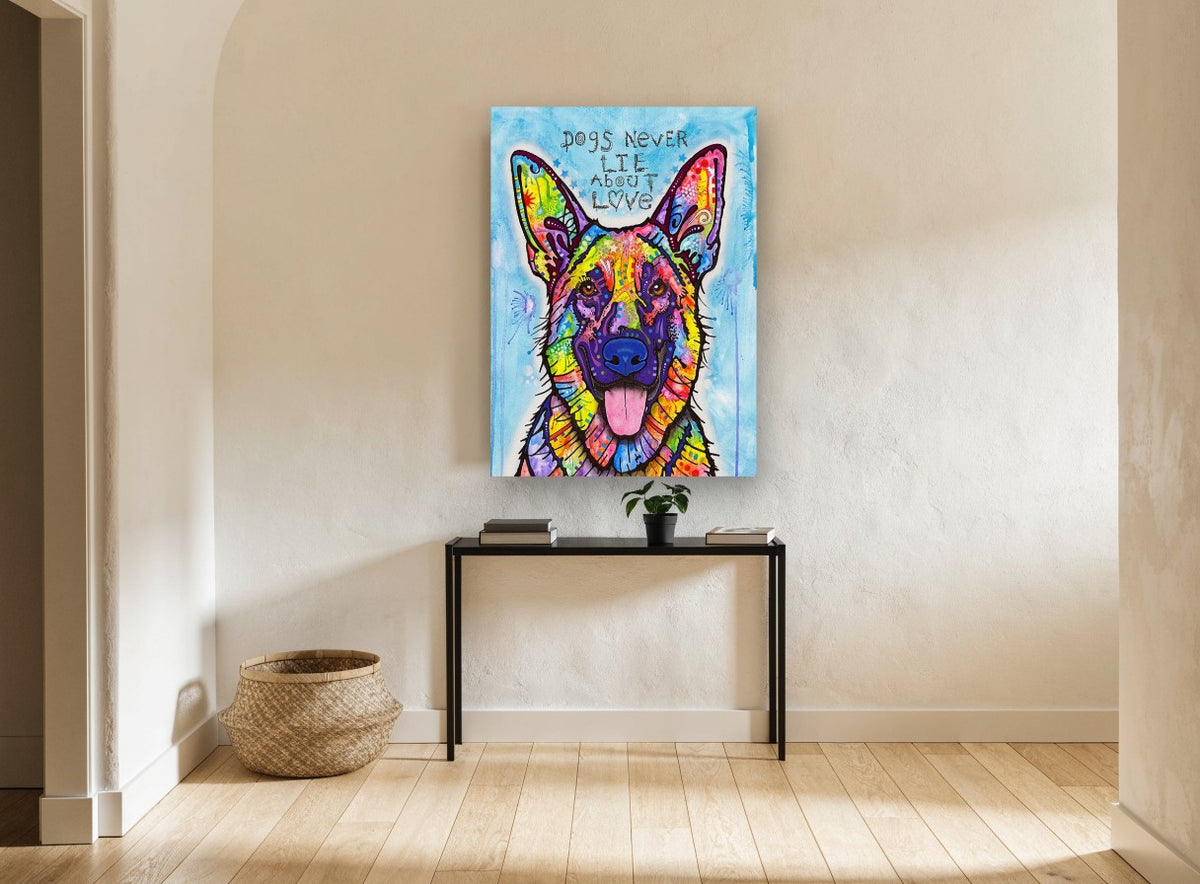 Rainbow Shepherd Love animal canvas print on the wall of a hallway