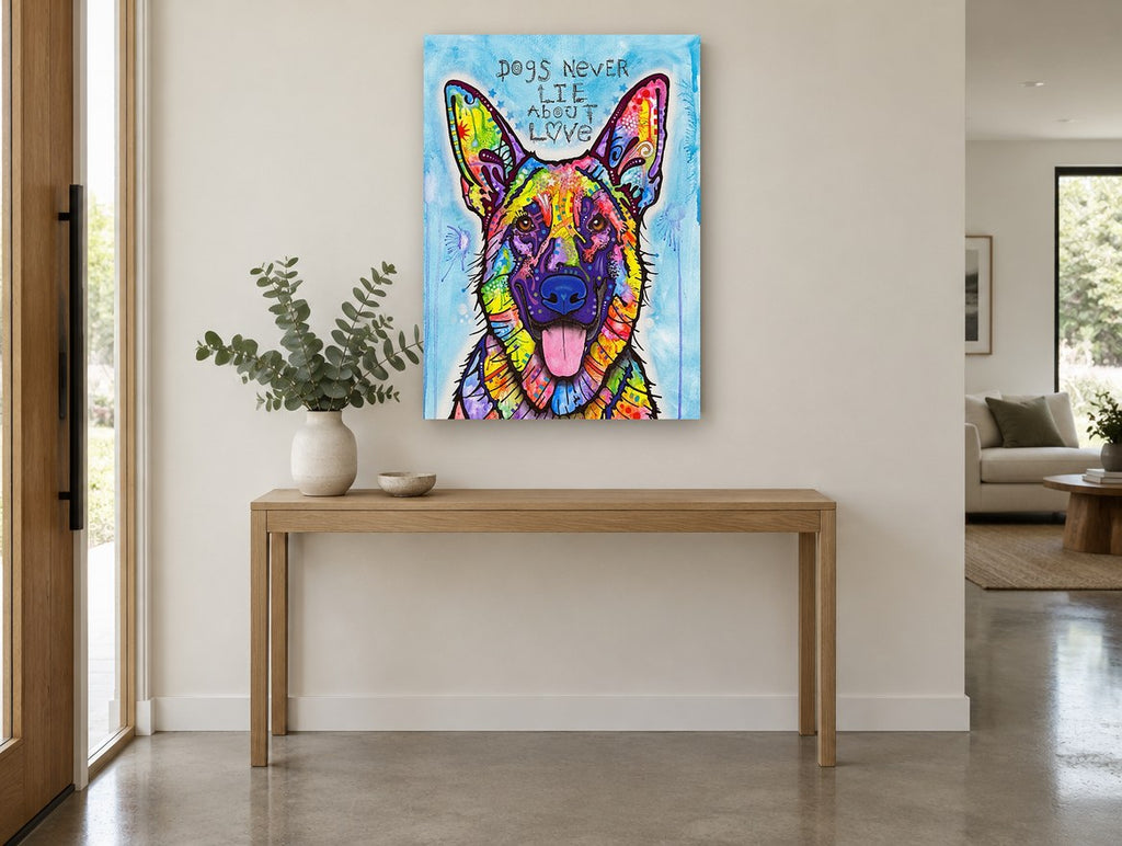 Rainbow Shepherd Love animal canvas print on the wall of a entry hall