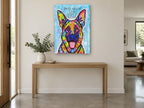 Rainbow Shepherd Love animal canvas print on the wall of a entry hall