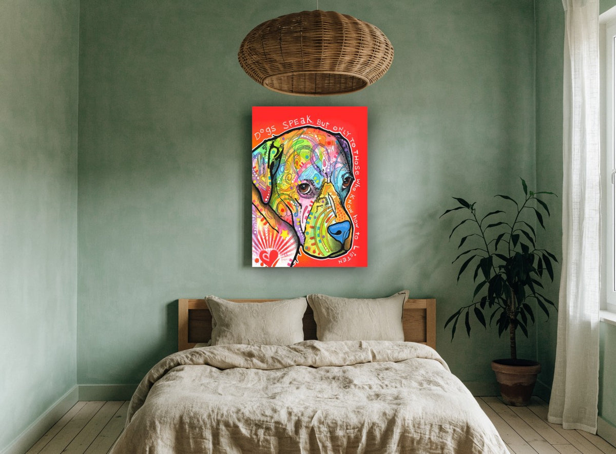 Dogs Speak Pop Portrait animal canvas print on the wall of a bedroom