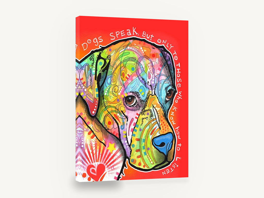 Dogs Speak Pop Portrait, colourful pop art dog quote, animal canvas wall art print ready to hang
