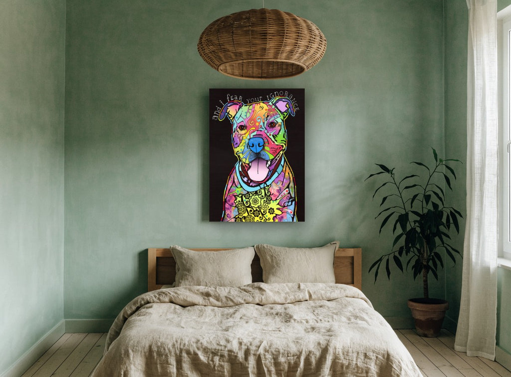 Neon Pit Bull Pop animal canvas print on the wall of a bedroom