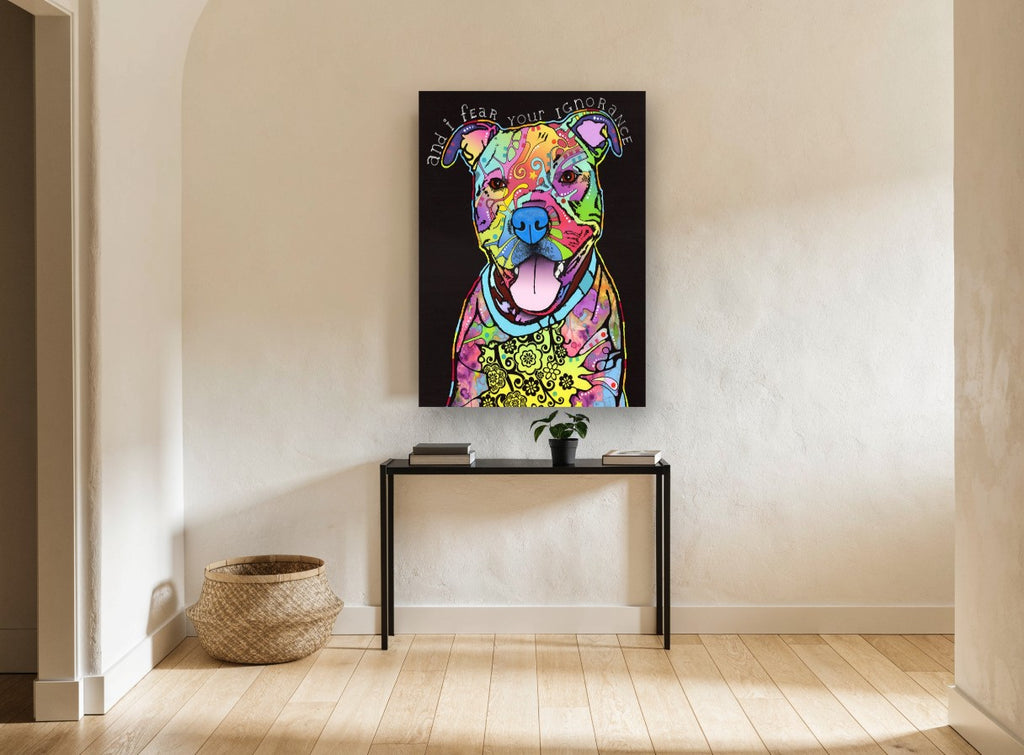 Neon Pit Bull Pop animal canvas print on the wall of a hallway