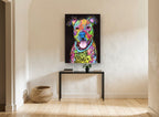 Neon Pit Bull Pop animal canvas print on the wall of a hallway