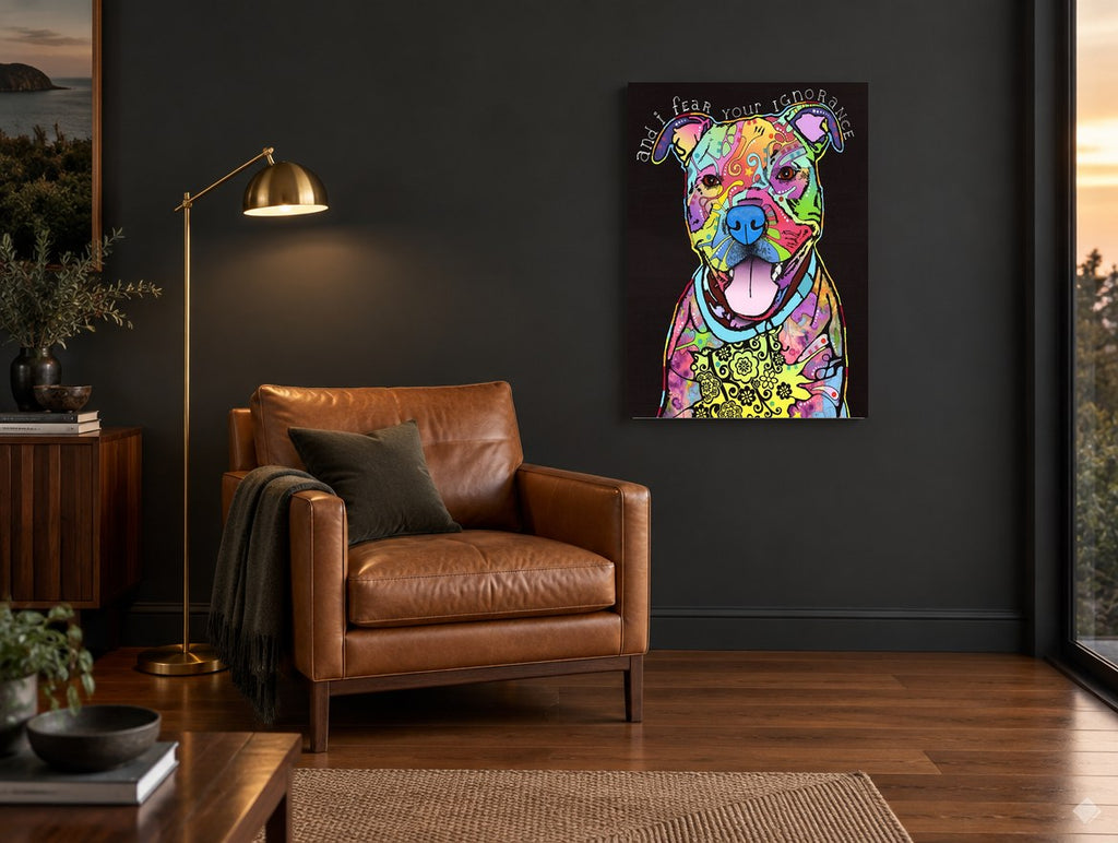 Neon Pit Bull Pop animal canvas print on the wall of a charcoal living room