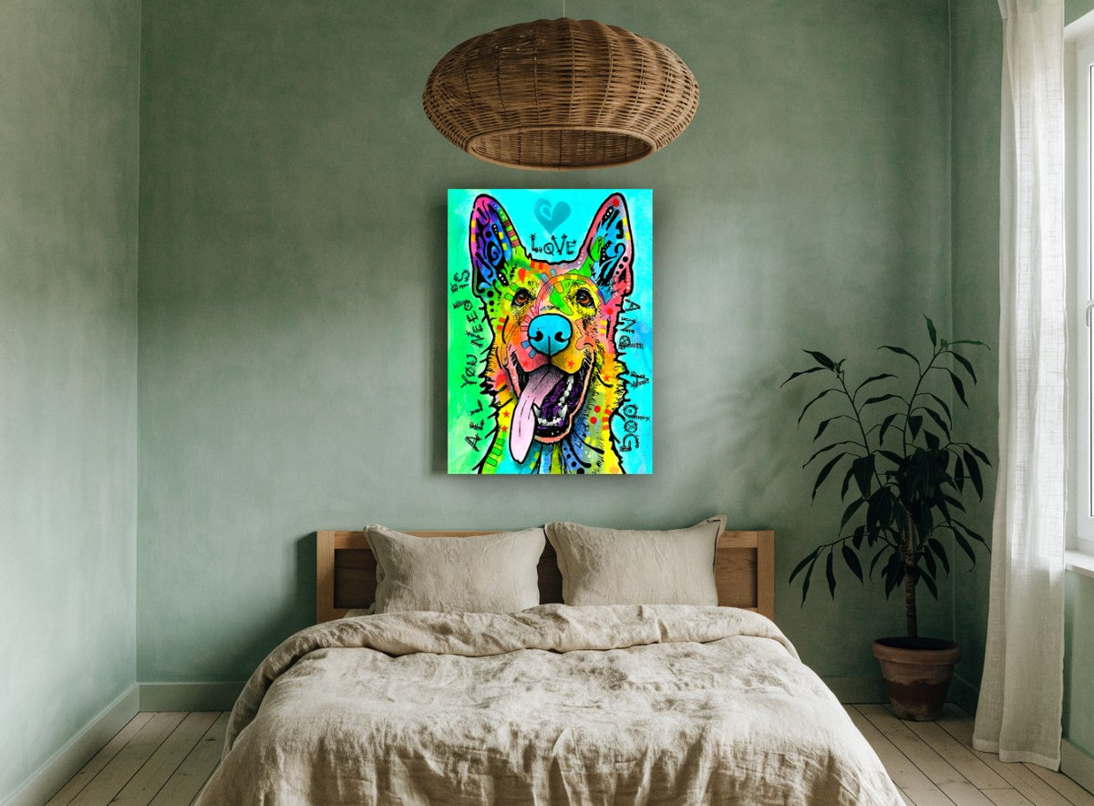 Rainbow Shepherd Love animal canvas print on the wall of a bedroom