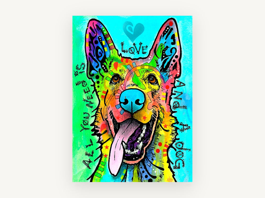 Rainbow Shepherd Love, colourful german shepherd pop art, animal canvas wall art print, front view
