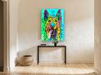 Rainbow Shepherd Love animal canvas print on the wall of a hallway