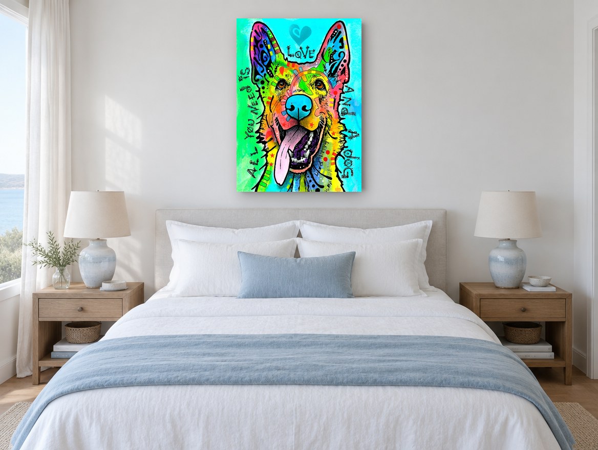 Rainbow Shepherd Love animal canvas print on the wall of a bedroom