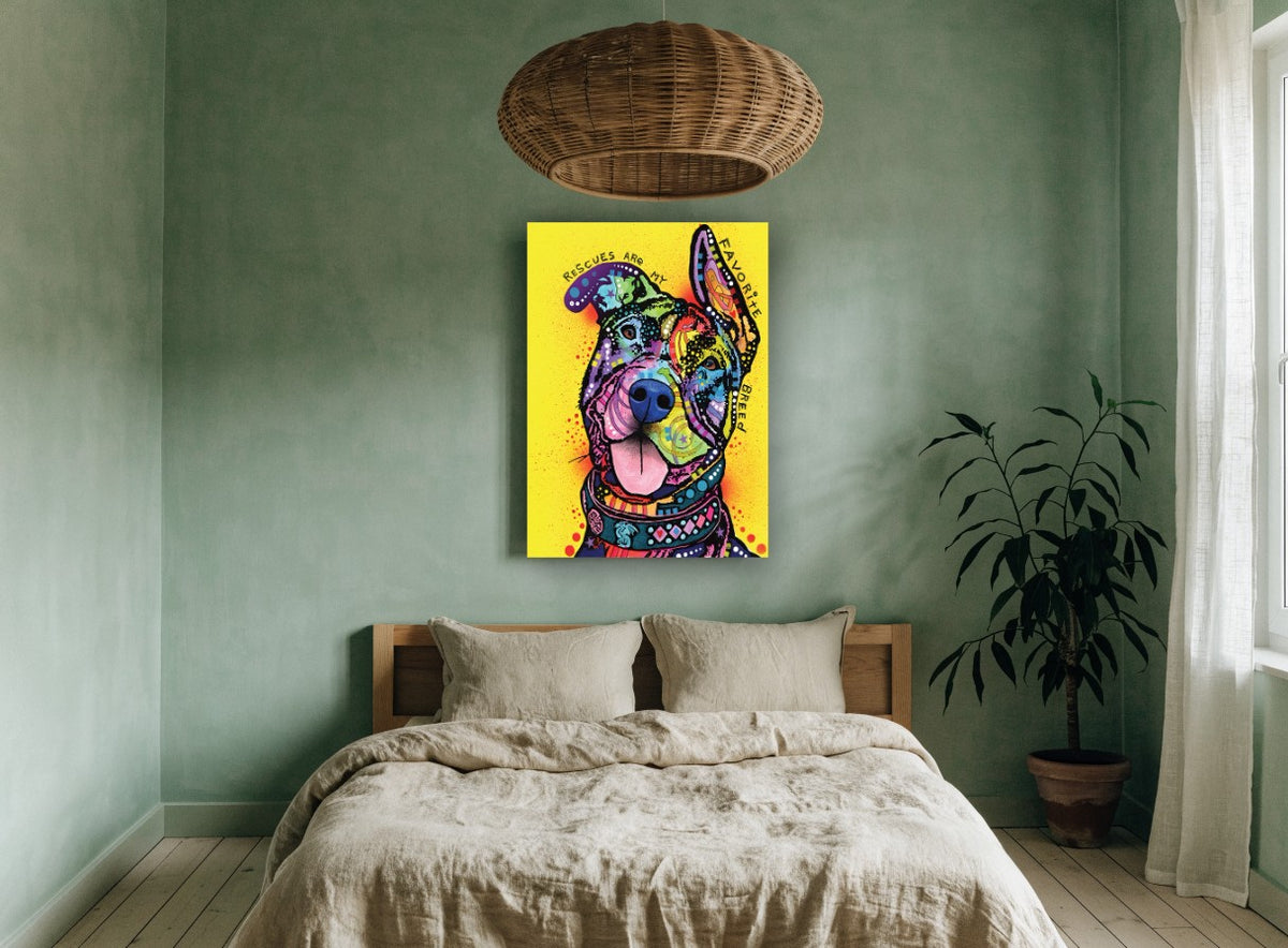 Rescue Pup Pop Portrait animal canvas print on the wall of a bedroom