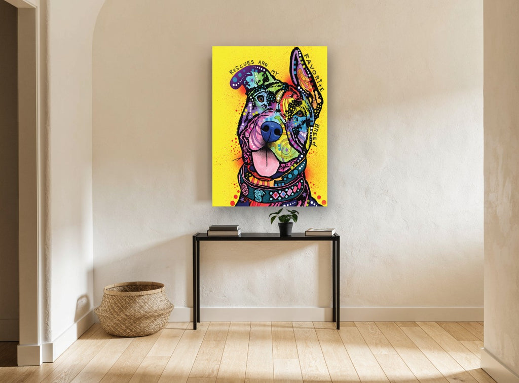 Rescue Pup Pop Portrait animal canvas print on the wall of a hallway