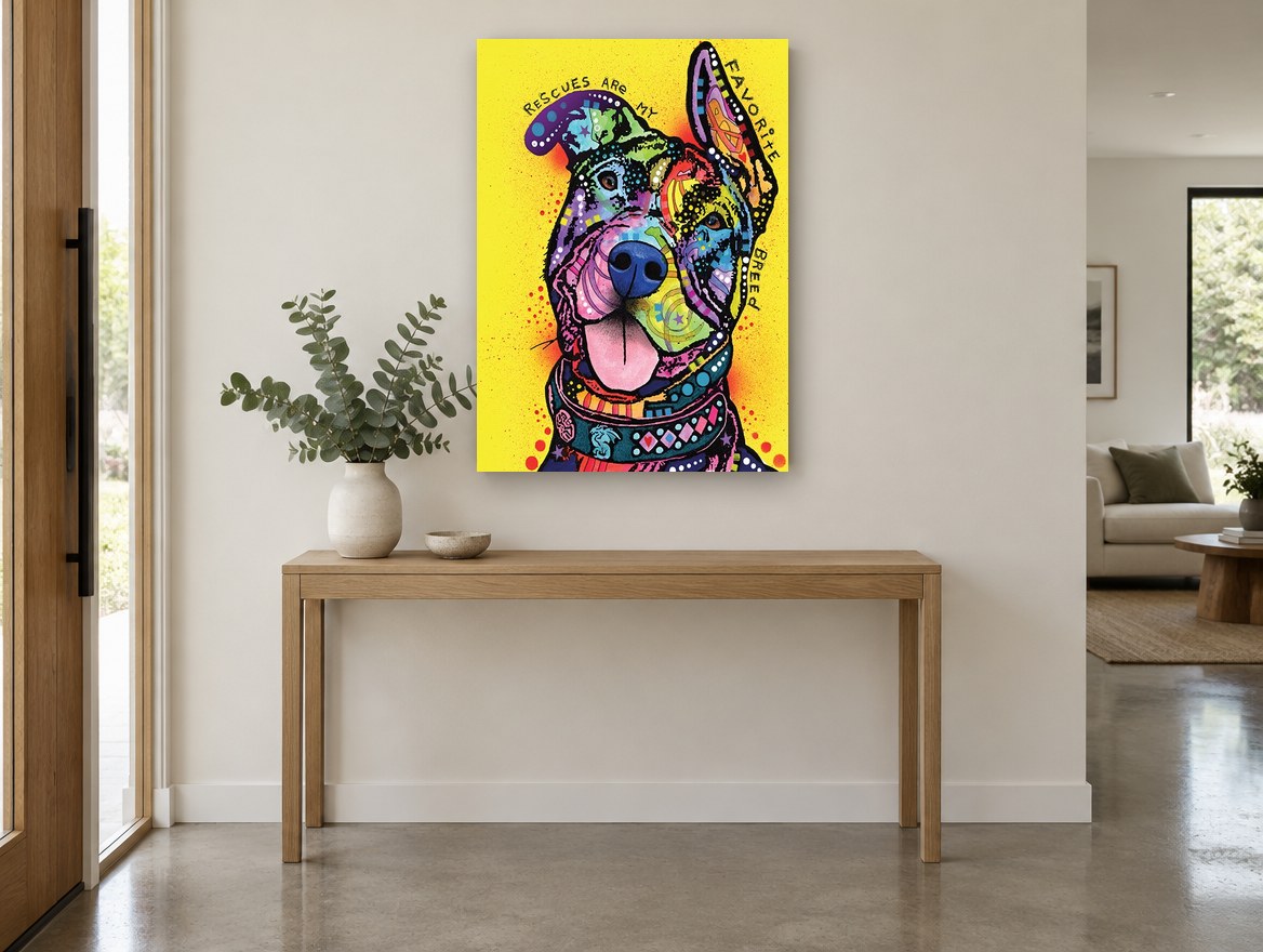 Rescue Pup Pop Portrait animal canvas print on the wall of a entry hall